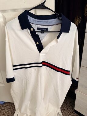 Tommy Hilfiger White Polo with Navy Collar and Red-Navy Chest Stripe